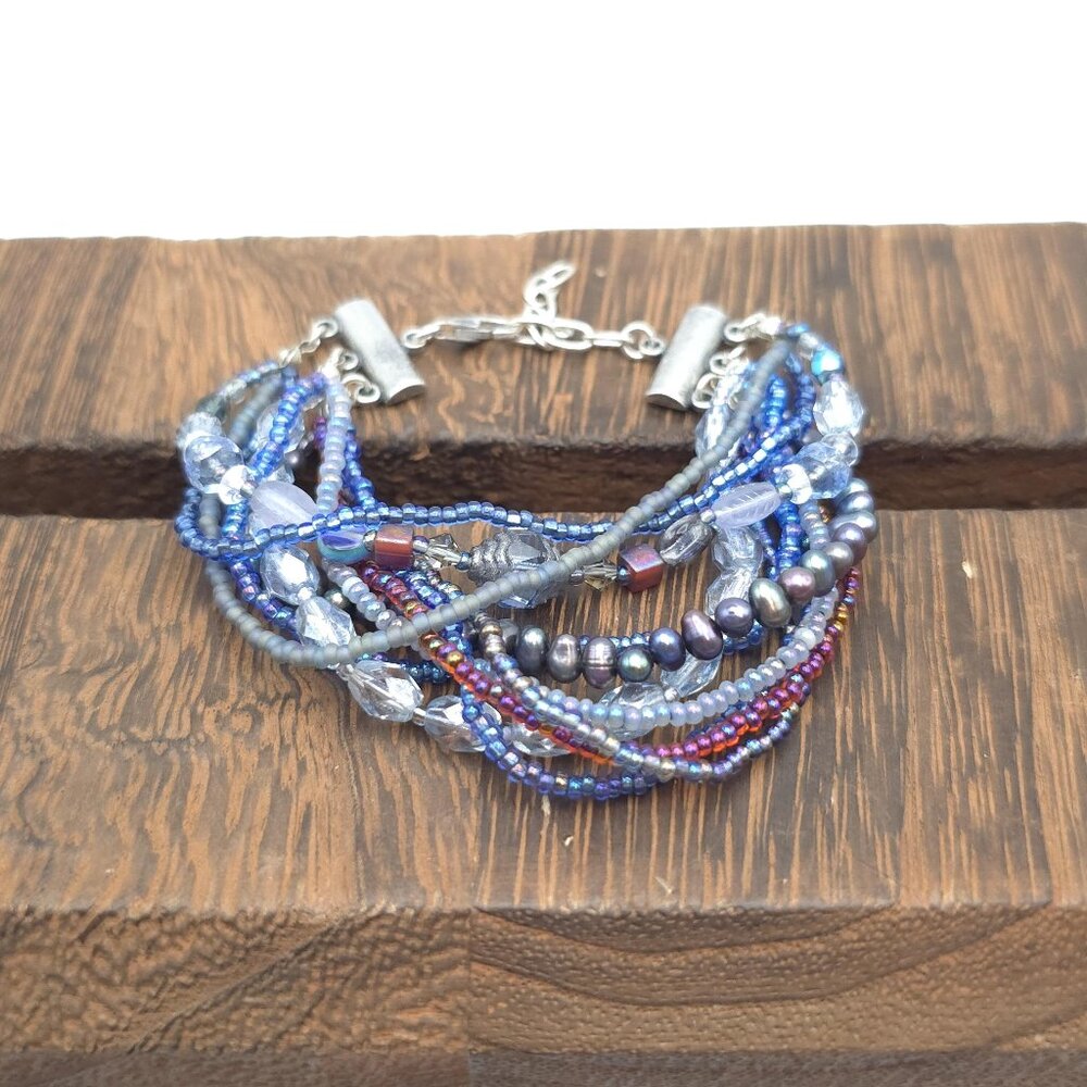 7+1 Inch Sterling Silver Layers Of Beads Crystals And Pearls Bracelet B248
